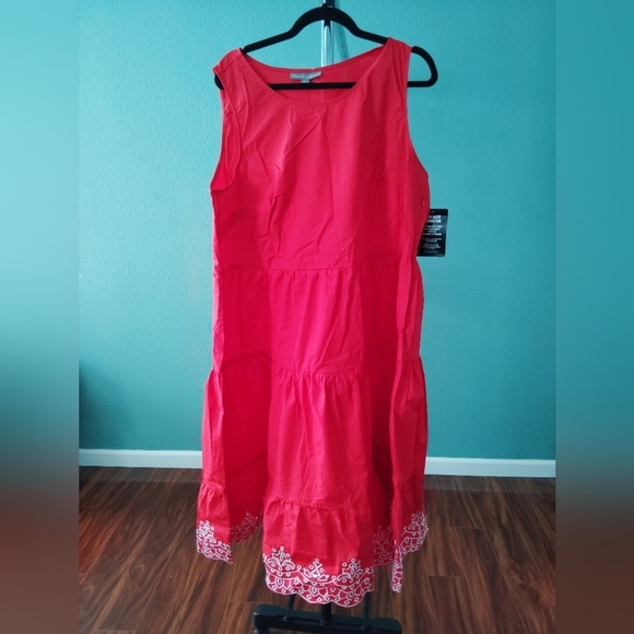 Jessica London Red Sleeveless Tiered Dress Embroidered Hem Flowy Fit (C-20) - Picture 12 of 14